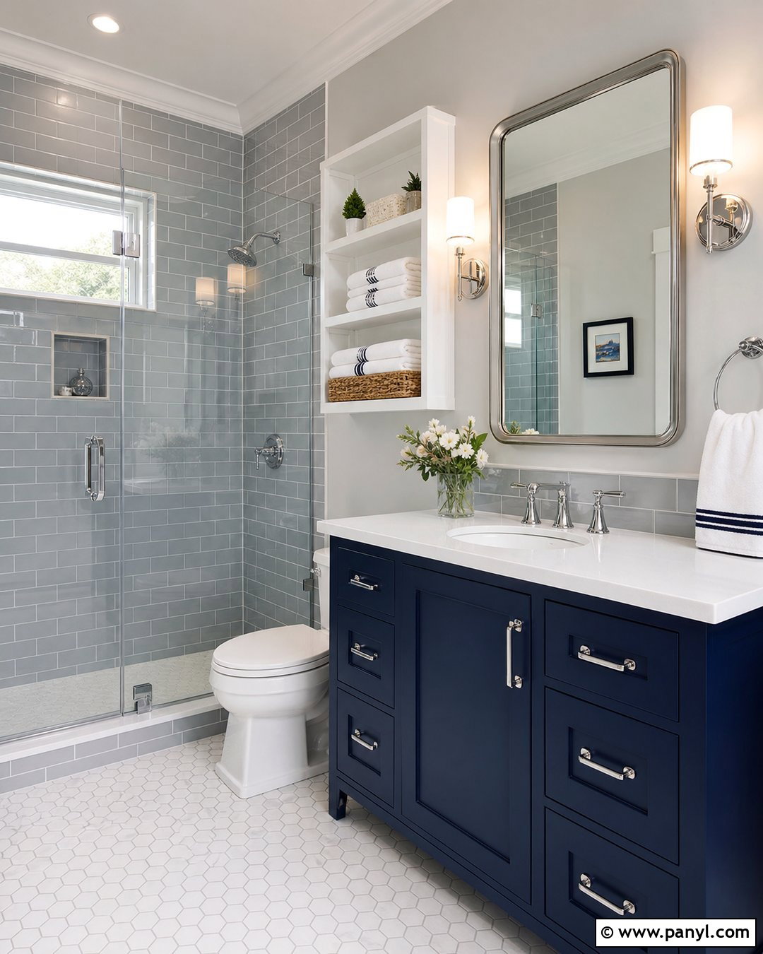 Navy Blue Vanity With Gray Subway Tile Walls - 20 Navy Blue Bathroom Vanity Gray Walls