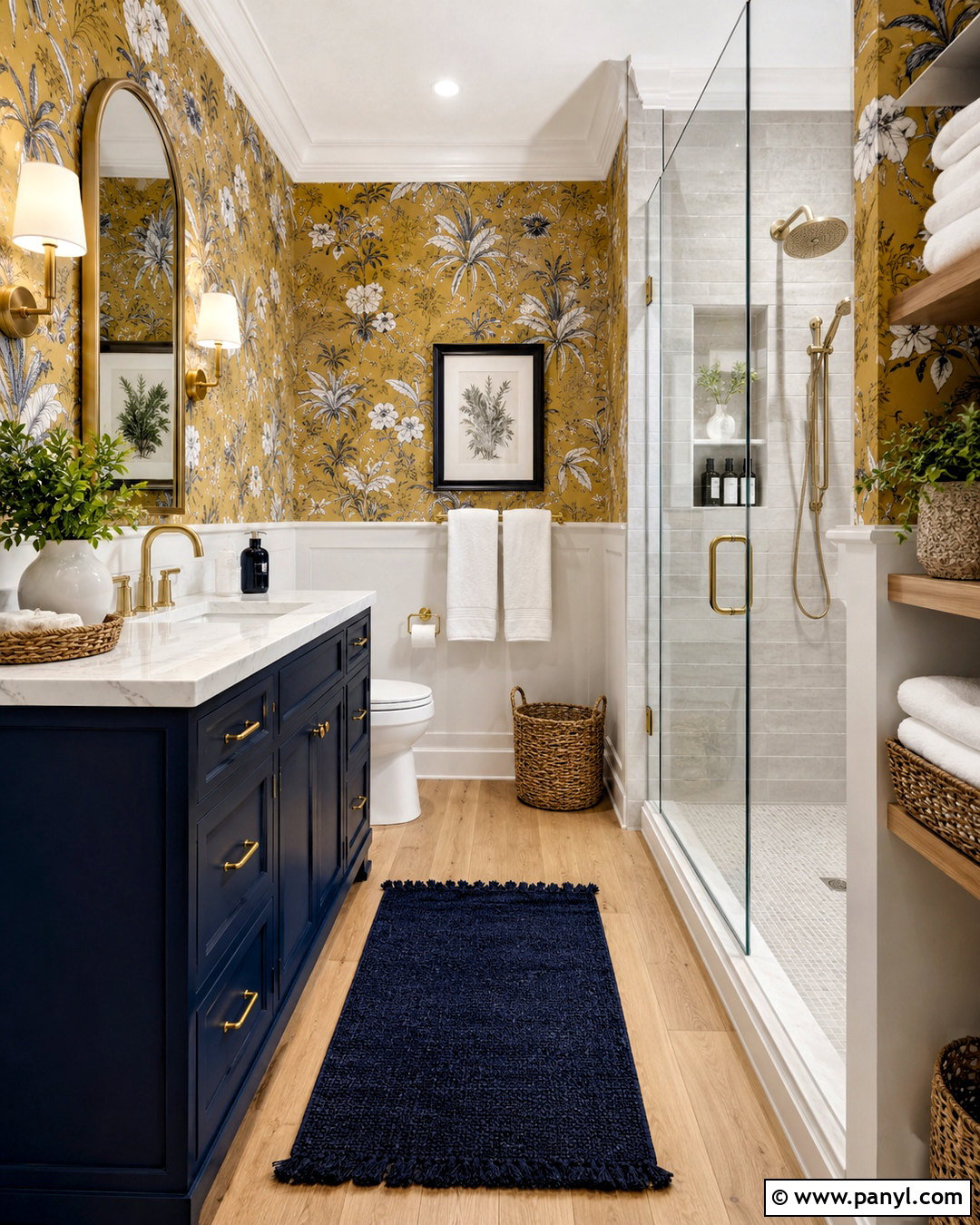 Navy Blue Vanity With Mustard Yellow Wallpaper - 20 blue and yellow bathroom ideas