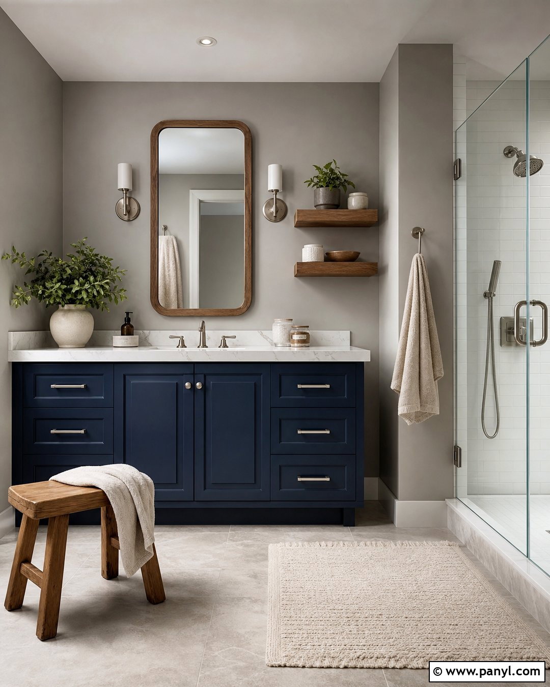 Navy Blue Vanity With Wood Accents And Gray Walls - 20 Navy Blue Bathroom Vanity Gray Walls