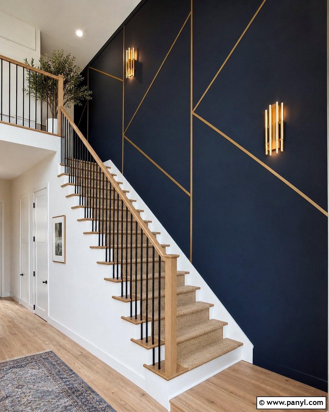 Navy Blue Wall With Gold Lines Staircase - 20 Navy Blue Wall With Gold Lines