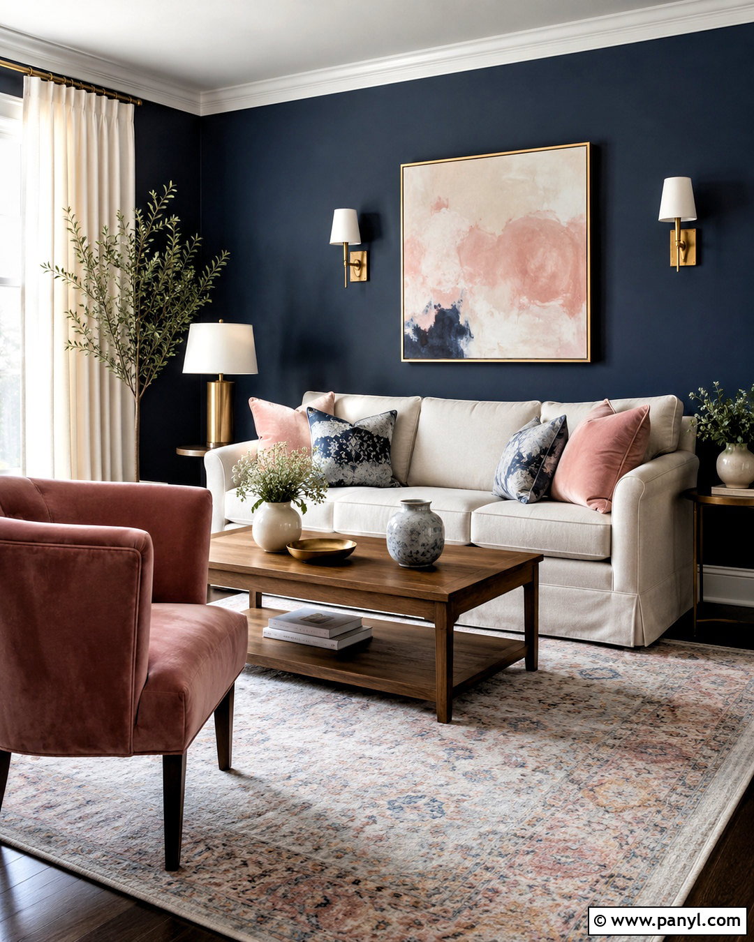 Navy Blue Walls With Blush Pink Decor - 20 navy blue walls living room ideas
