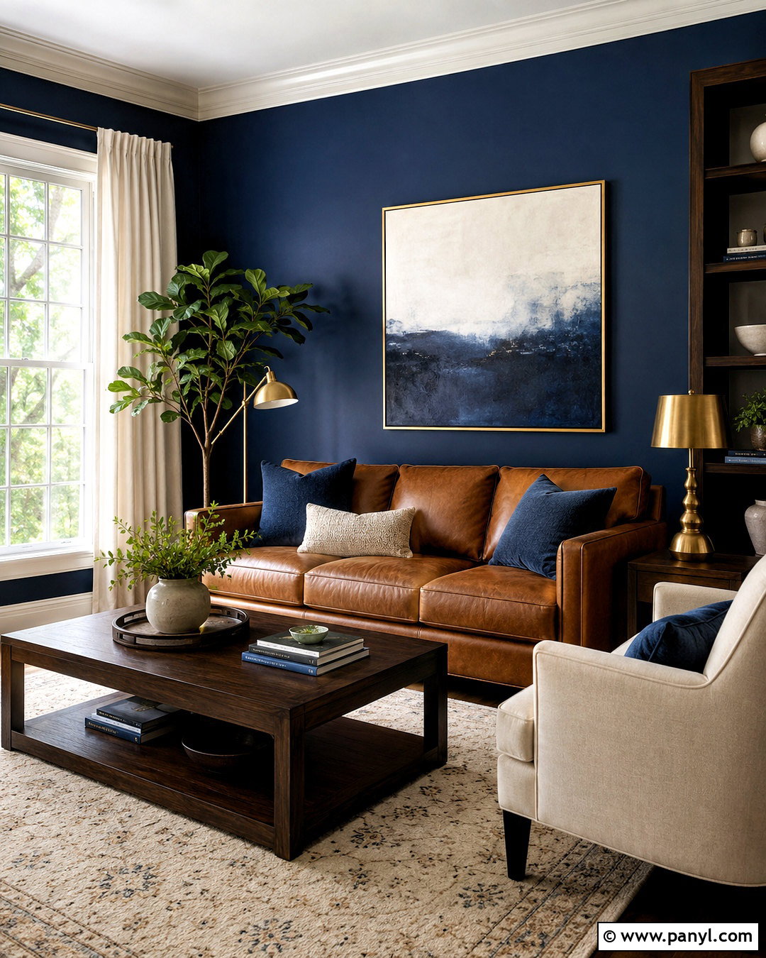 Navy Blue Walls With Brown Leather Sofa - 20 brown and blue living room ideas