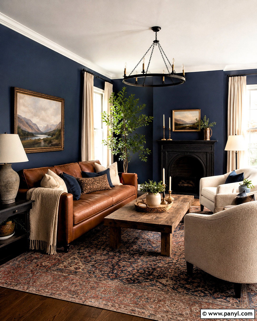 Navy Blue Walls With Cognac Leather Furniture - 20 navy blue walls living room ideas
