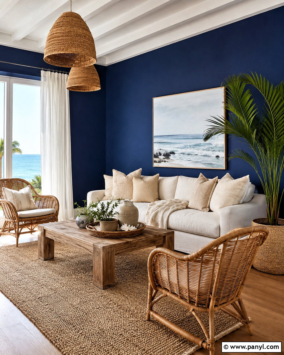 Navy Blue Walls With Natural Rattan Decor - 40 navy blue walls