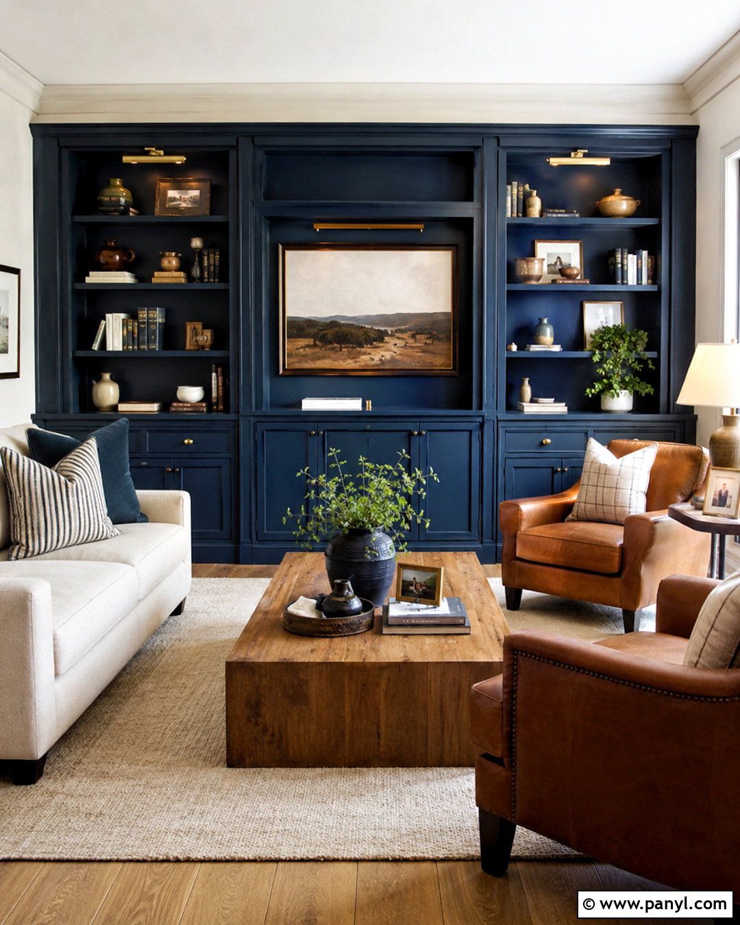 Navy Built-Ins With Brown Leather Seating - 20 navy blue and brown living room ideas