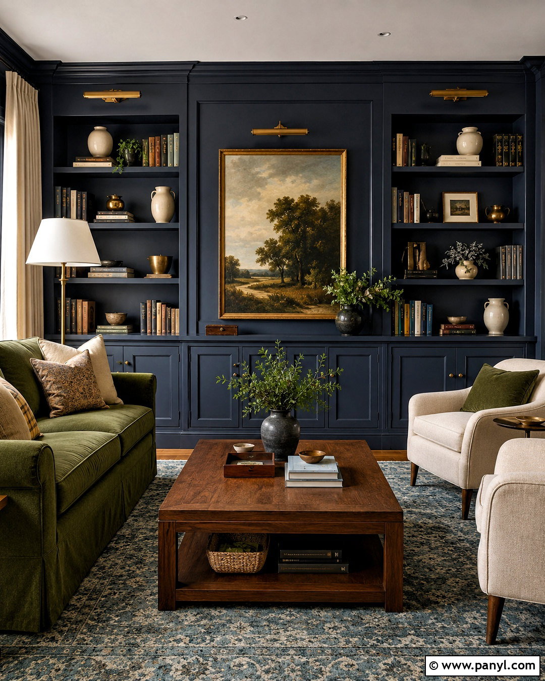 Navy Built-Ins With Green Seating - 20 navy blue and green living room ideas