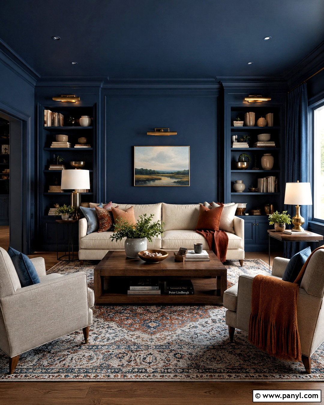 Navy Color Drenched Living Room - 20 dark wall living room ideas