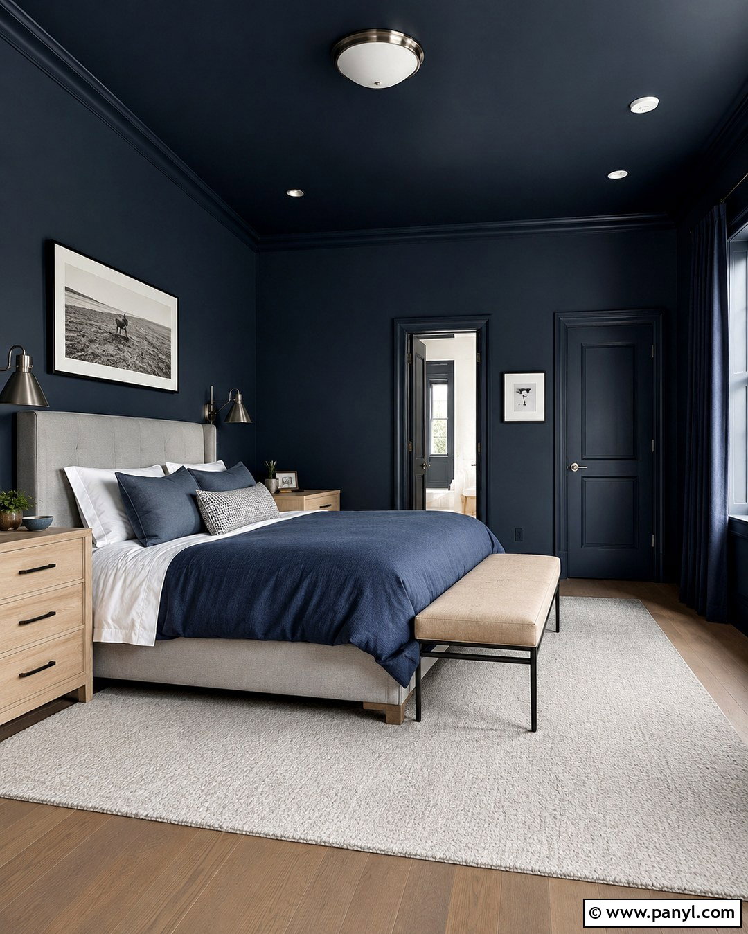 Navy Color Drenched Master Bedroom - 20 Dark Wall Master Room Ideas