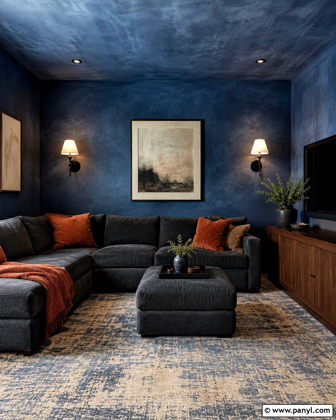 Navy Color Washed Walls In A Media Room - 20 color washing walls