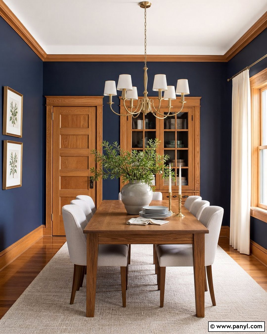 Navy Dining Room With Natural Oak Trim - 20 Dark Walls Unpainted Woodwork Ideas