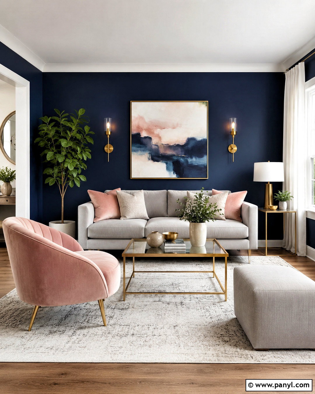 Navy Feature Wall With Blush And Brass - 20 navy feature wall living room ideas