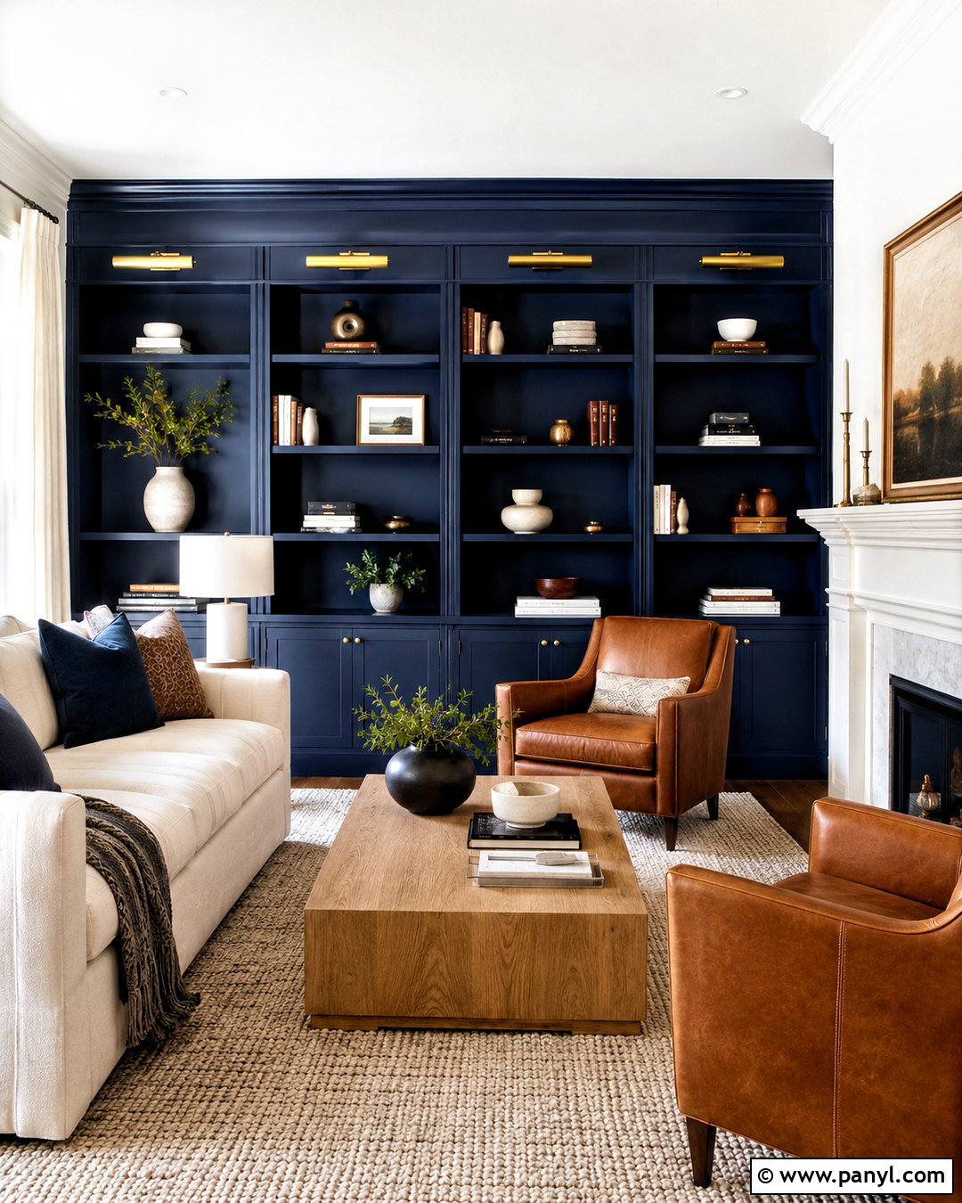 Navy Feature Wall With Built-In Shelves - 20 navy feature wall living room ideas