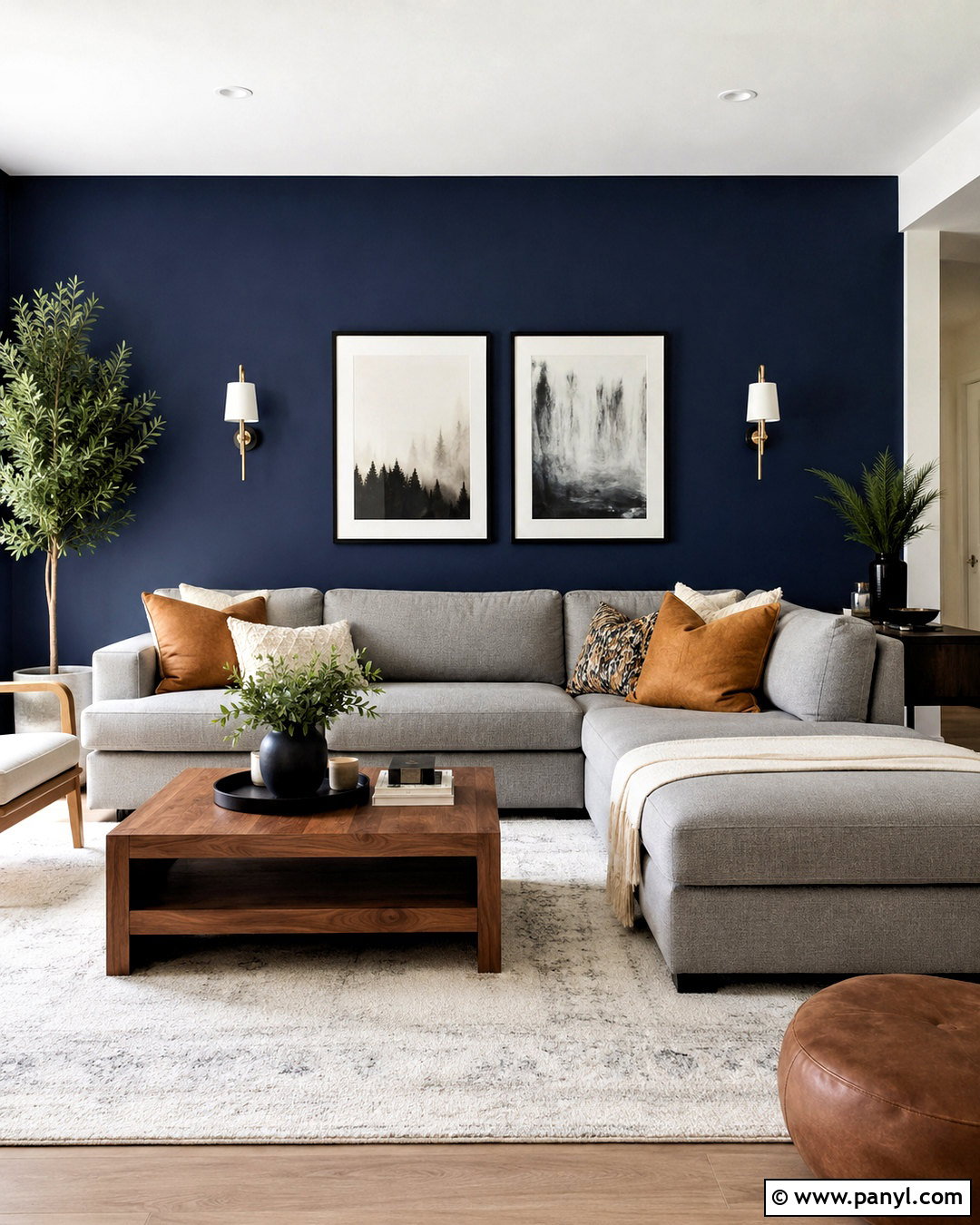 Navy Feature Wall With Gray Sectional - 20 navy feature wall living room ideas