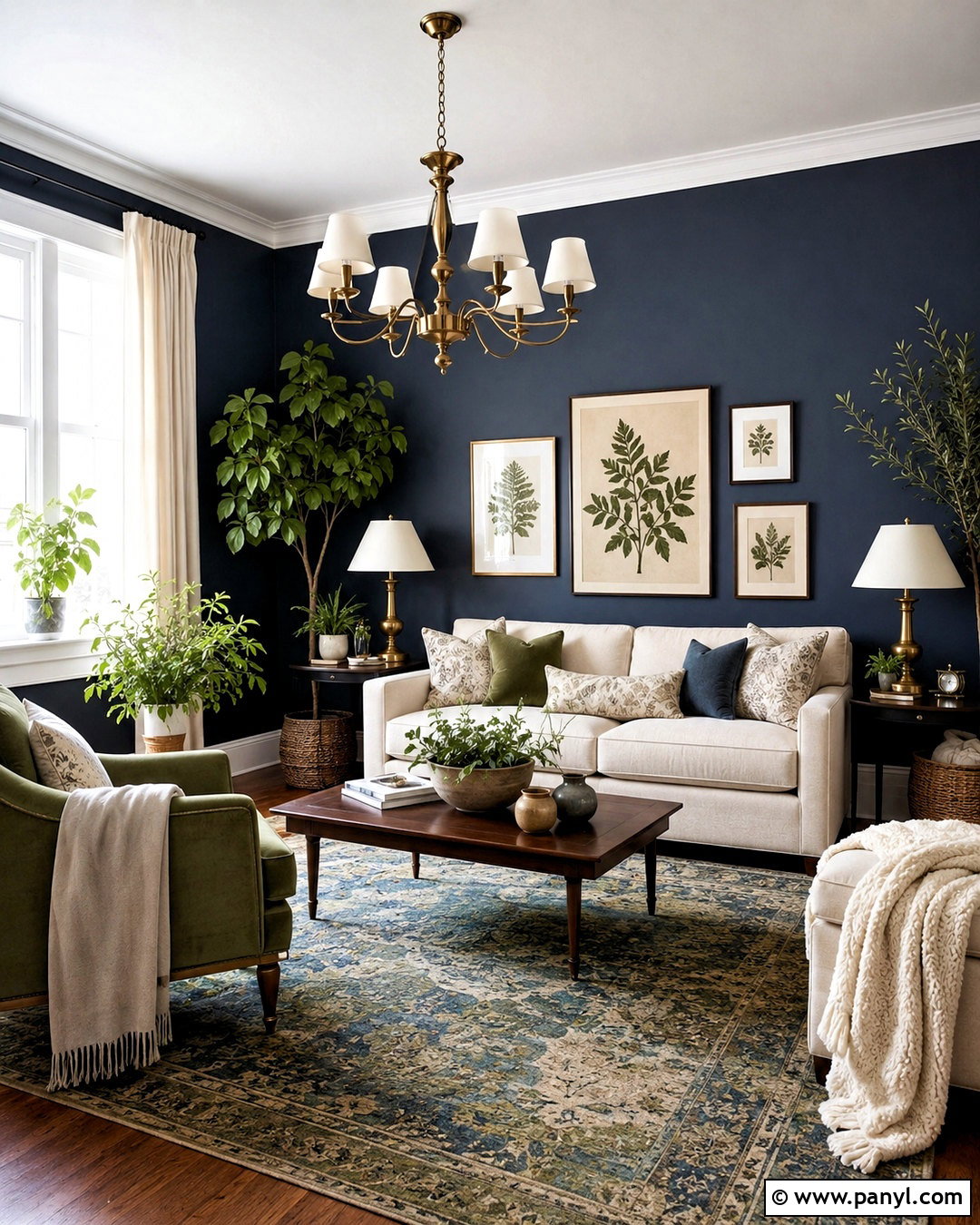 Navy Feature Wall With Green Accents - 20 navy feature wall living room ideas