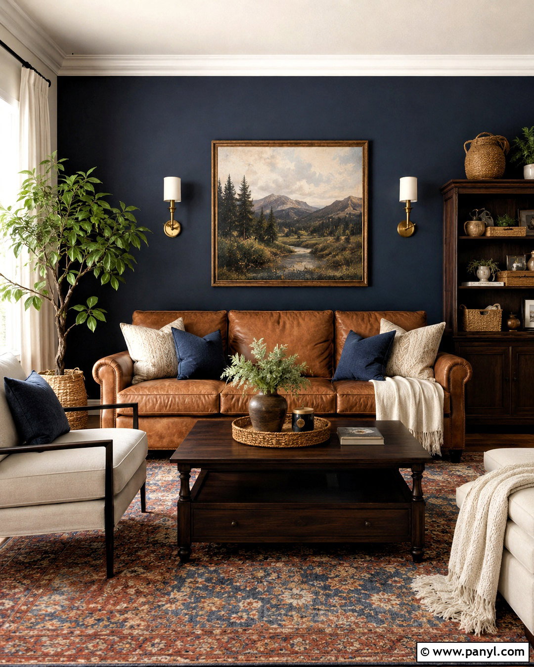 Navy Feature Wall With Tan Leather Sofa - 20 navy feature wall living room ideas