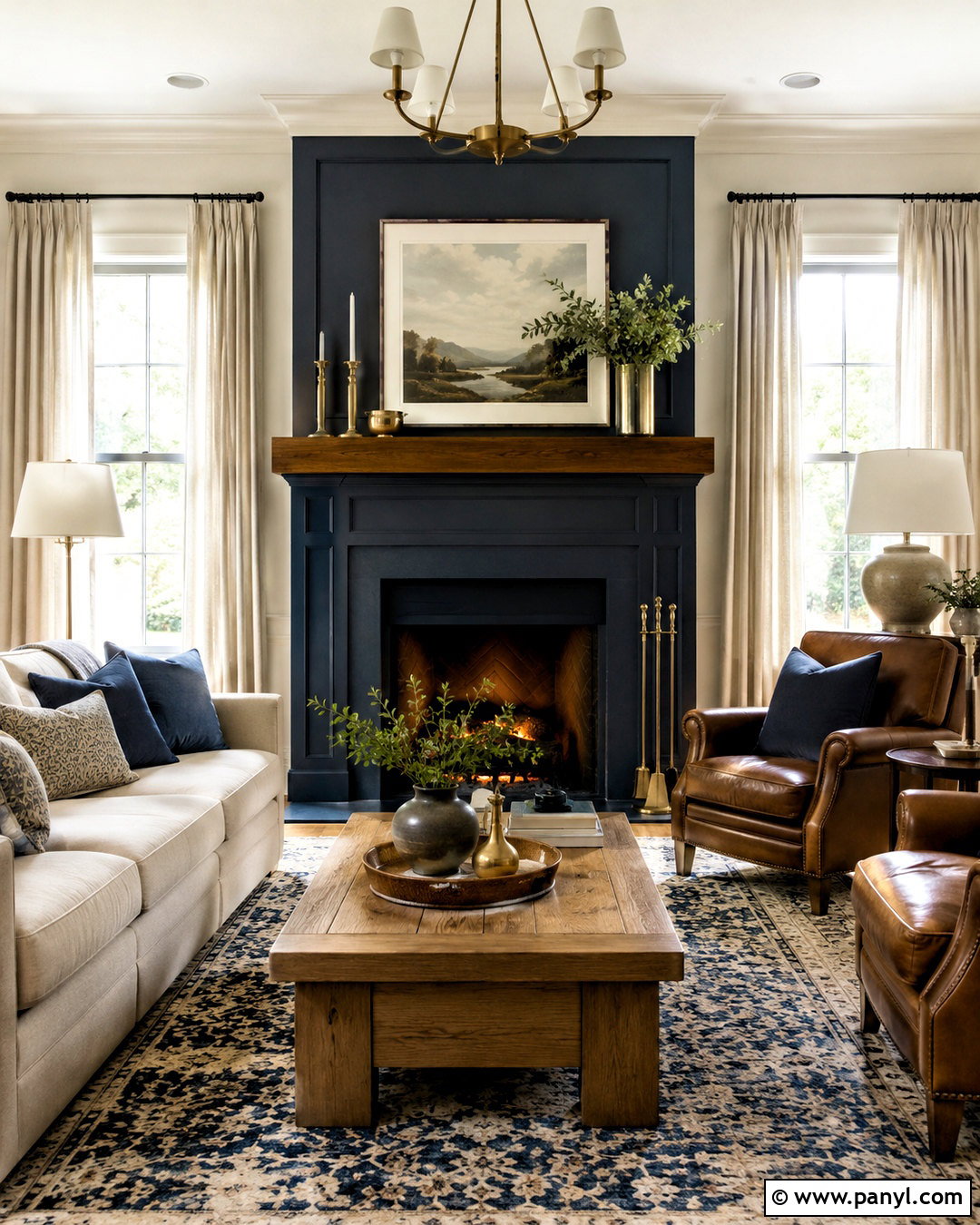 Navy Fireplace With Brown Wood Mantel - 20 navy blue and brown living room ideas