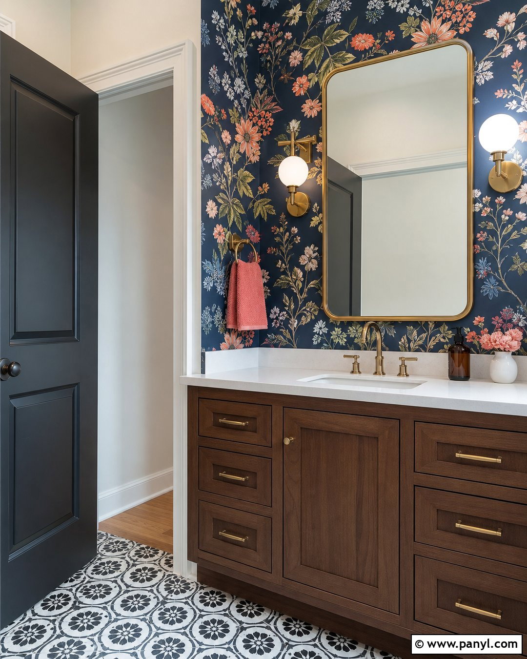 Navy Floral Powder Room Accent Wall - 35 colorful accent wall ideas