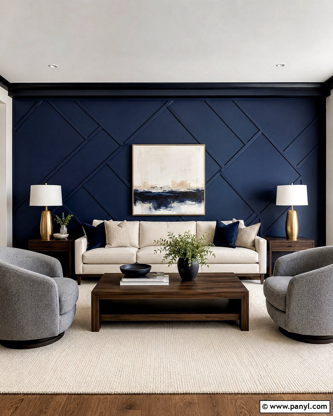 Navy Geometric Molding Feature Wall - 20 navy feature wall living room ideas