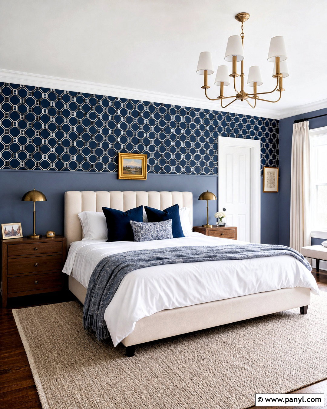 Navy Geometric Wallpaper With Dusty Blue Paint - 20 half wallpaper half paint ideas