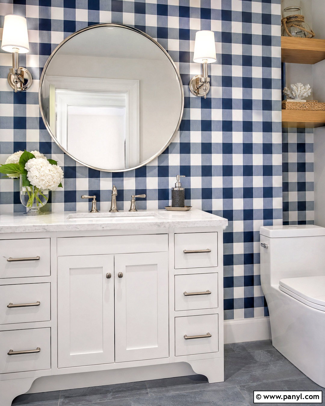 Navy Gingham Bathroom Vanity Wall - 20 how to paint gingham pattern ideas