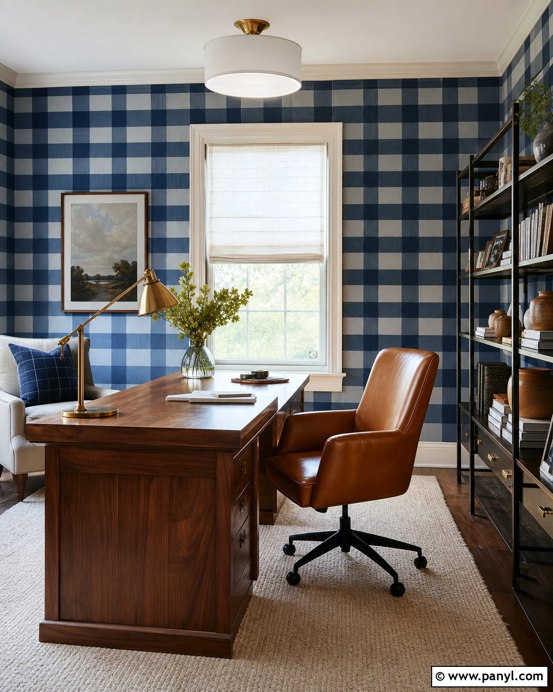 Navy Gingham Painted Home Office Walls - 30 Gingham Painted Walls