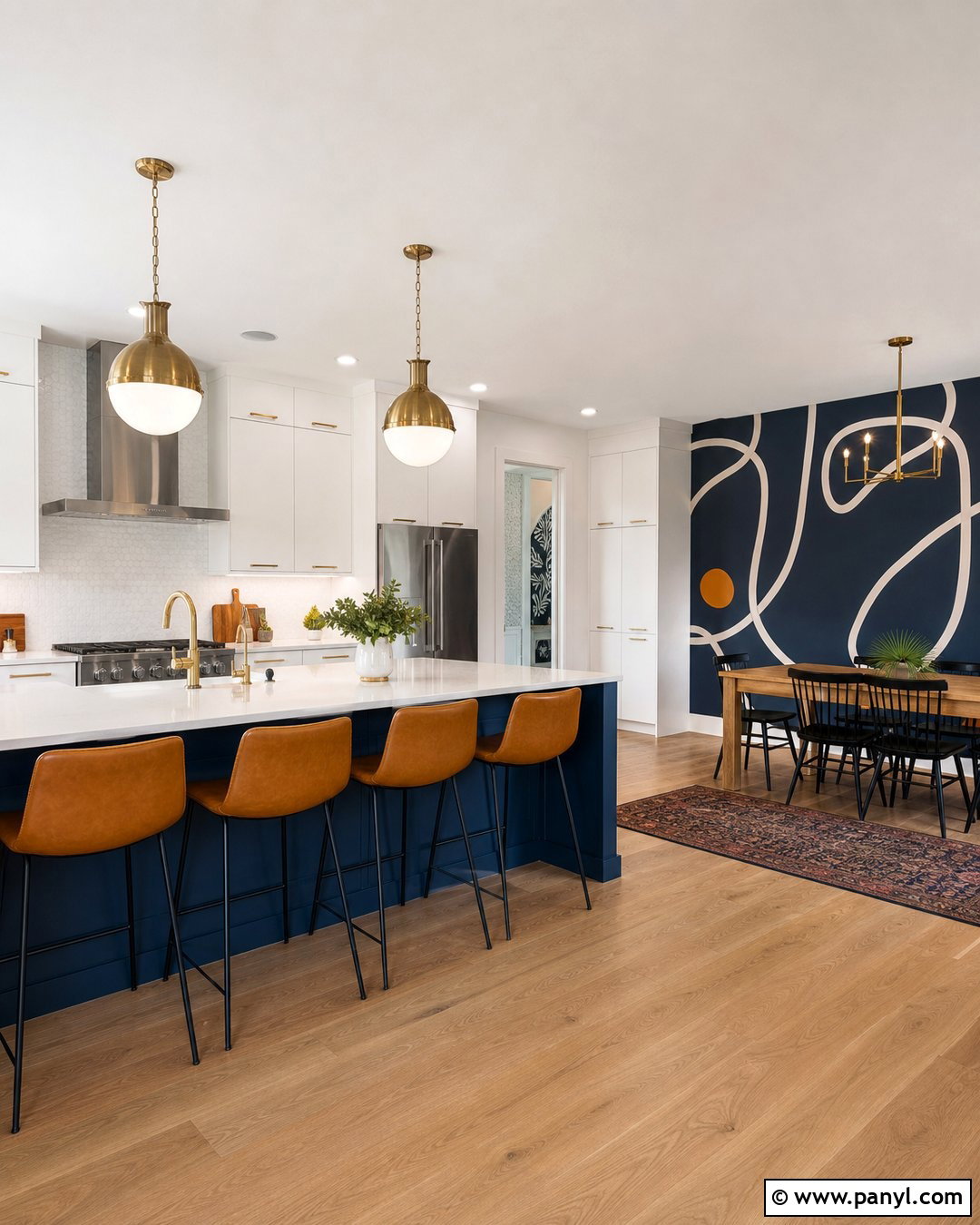 Navy Graphic Wallpaper Kitchen Accent Wall - 20 Modern Kitchen With Colorful Accent Wall Ideas