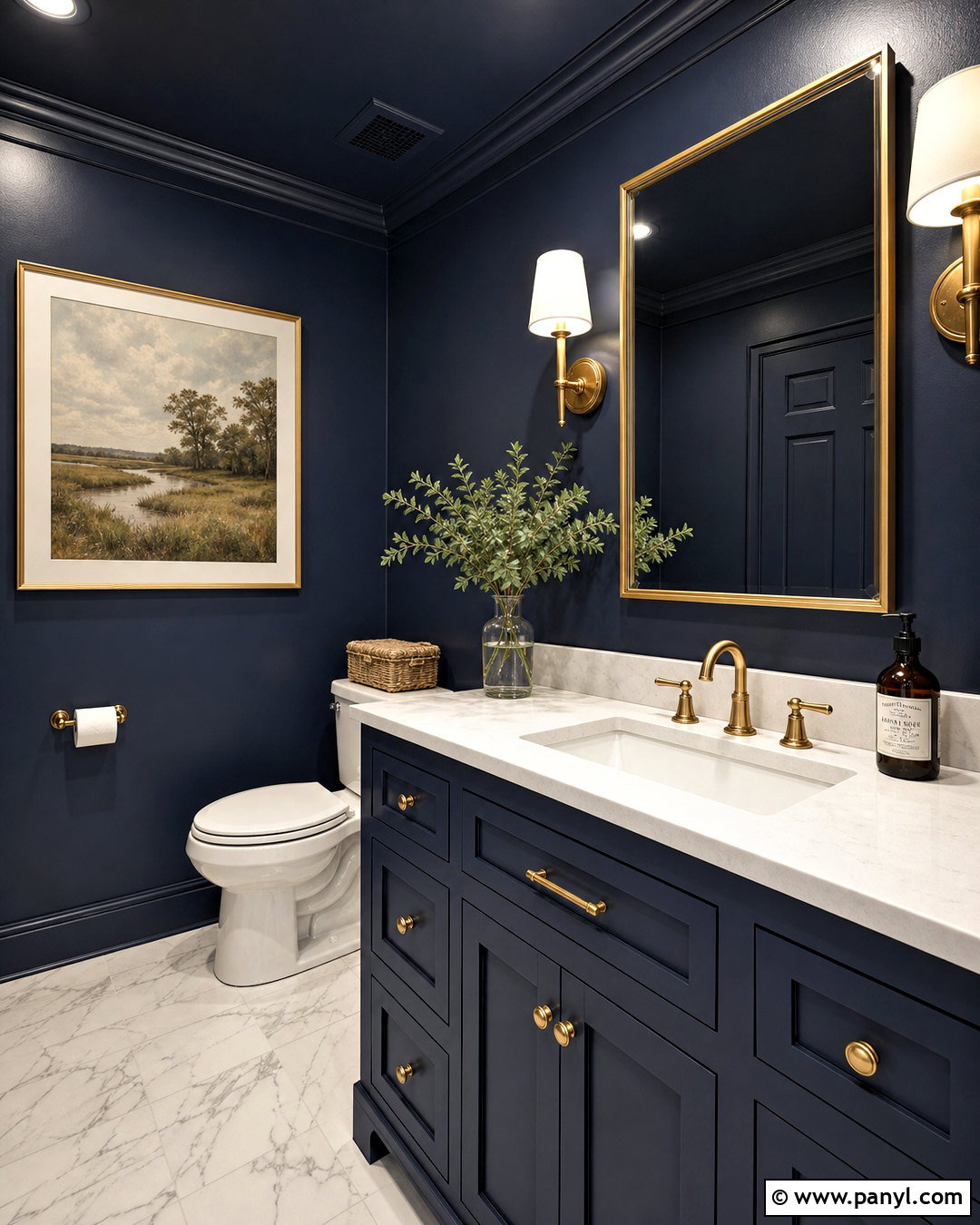 Navy Half Bathroom With Brass Fixtures - 20 dark half bathroom ideas