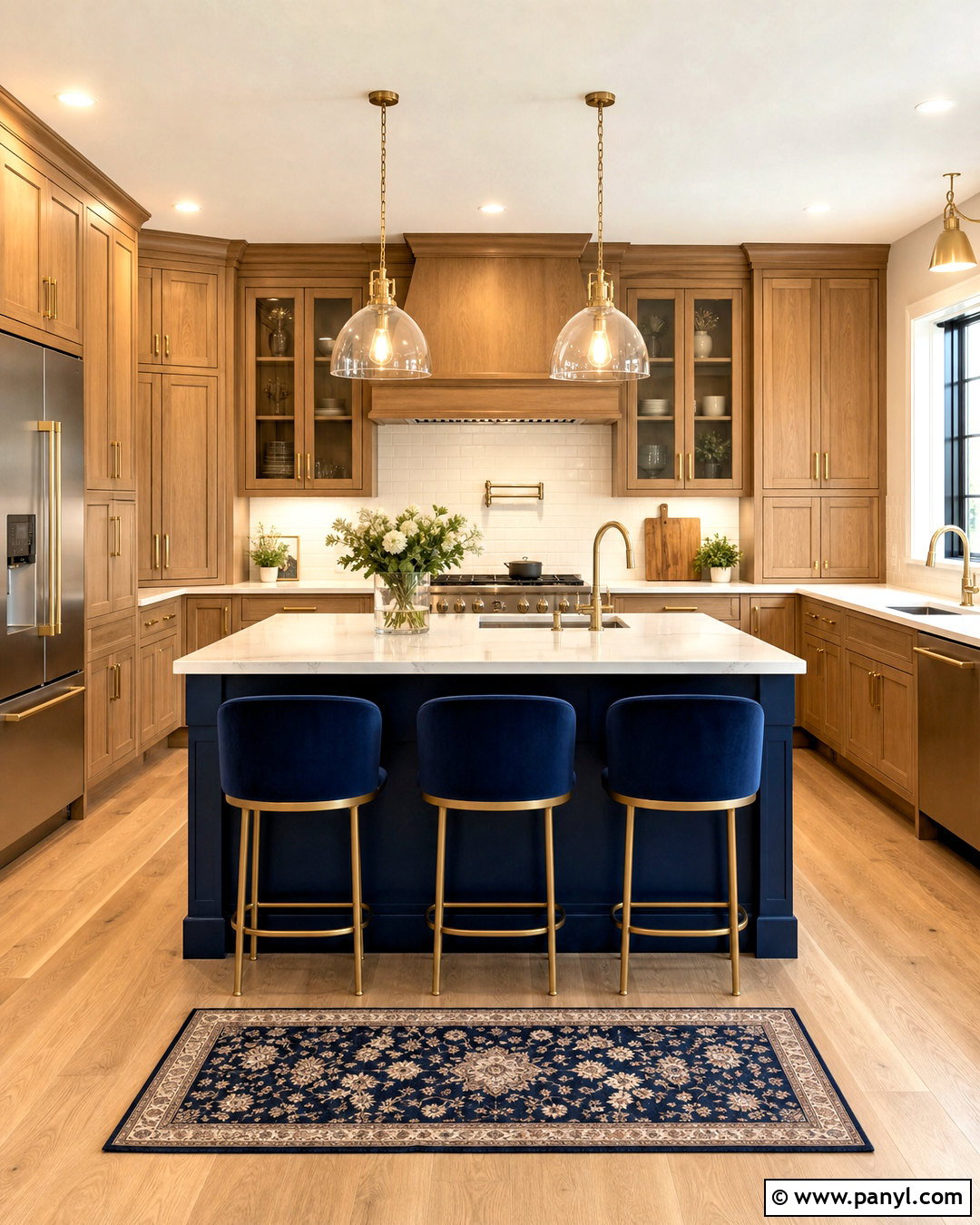 Navy Island With Natural Wood Cabinets - 20 navy and wood kitchen ideas