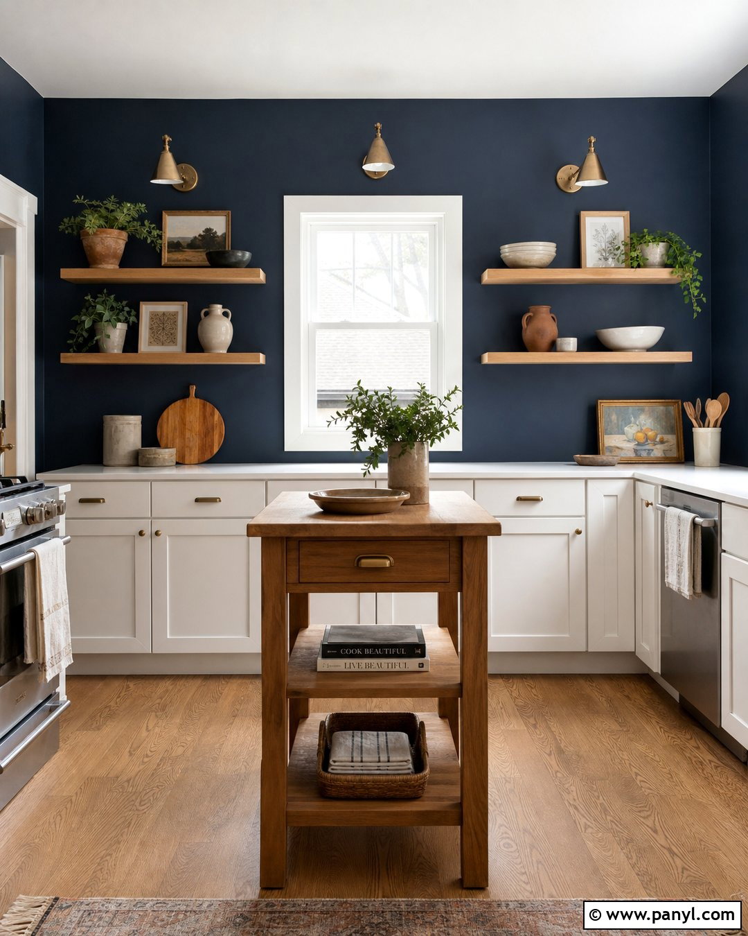 Navy Kitchen Accent Wall With Wood Shelves - 30 navy kitchen walls