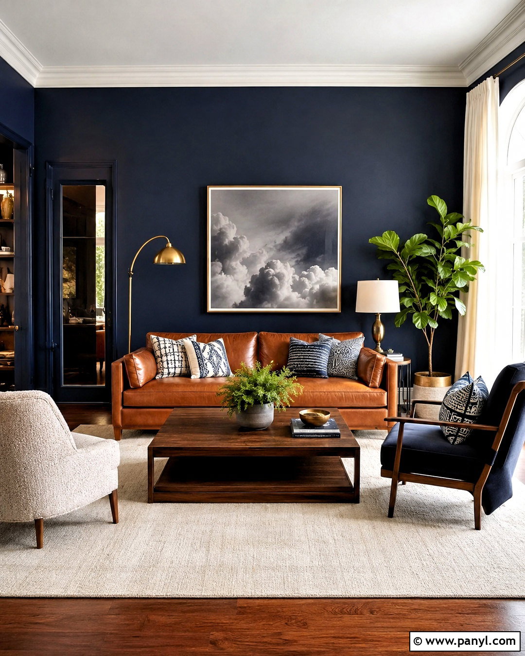 Navy Living Room With Cognac Leather Sofa - 20 navy blue and brown living room ideas