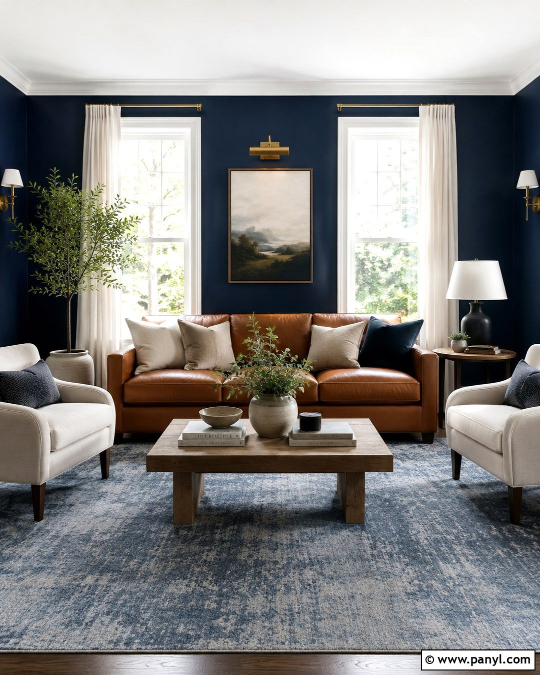 Navy Living Room With White Windows - 20 Dark Walls White Windows