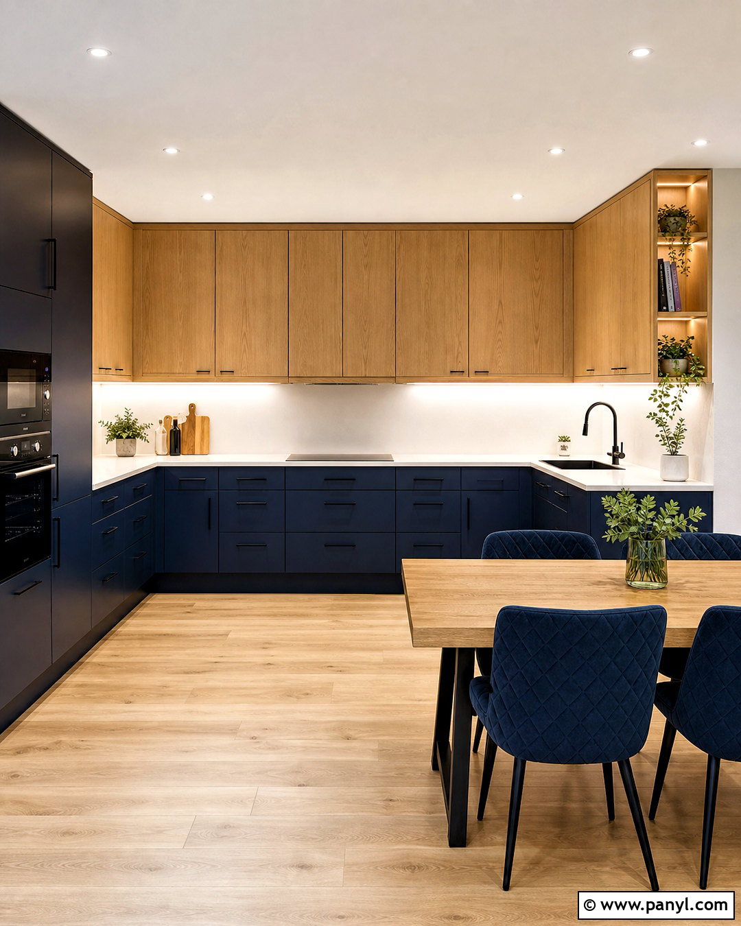 Navy Lower Cabinets With Oak Upper Cabinets - 20 navy and wood kitchen ideas