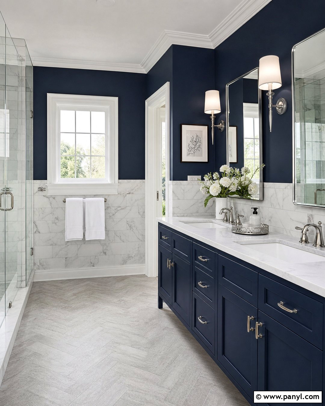 Navy Paint And White Marble Bathroom Walls - 30 Two Toned Bathroom Walls