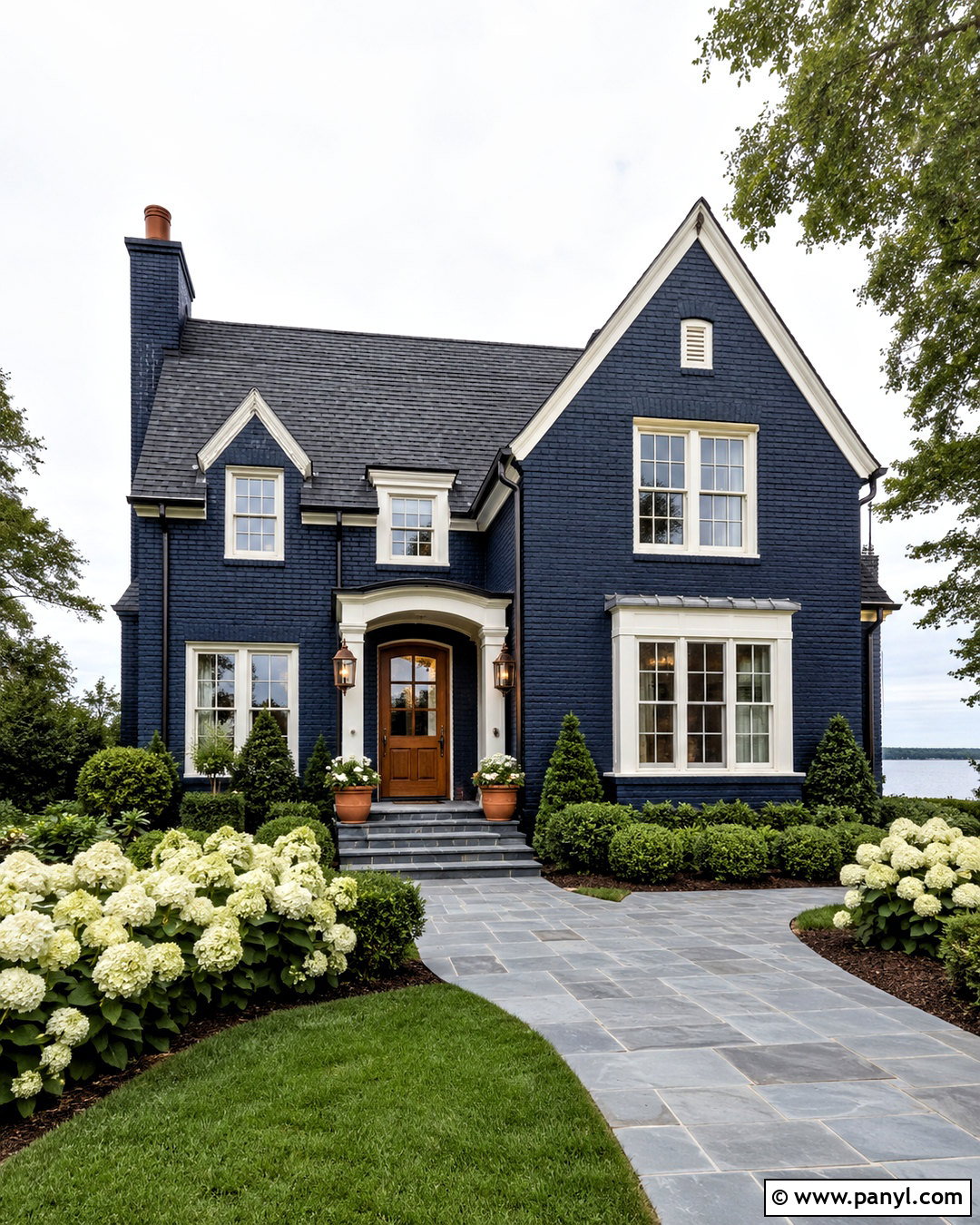 Navy Painted Brick With Cream Trim - 20 dark painted brick exterior ideas