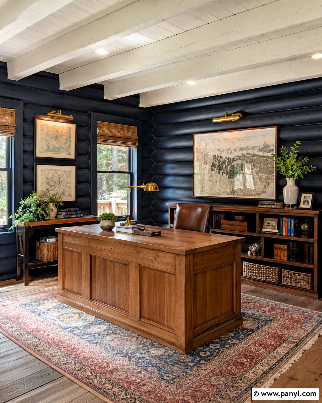 Navy Painted Log Home Office - 20 painted log home interior ideas