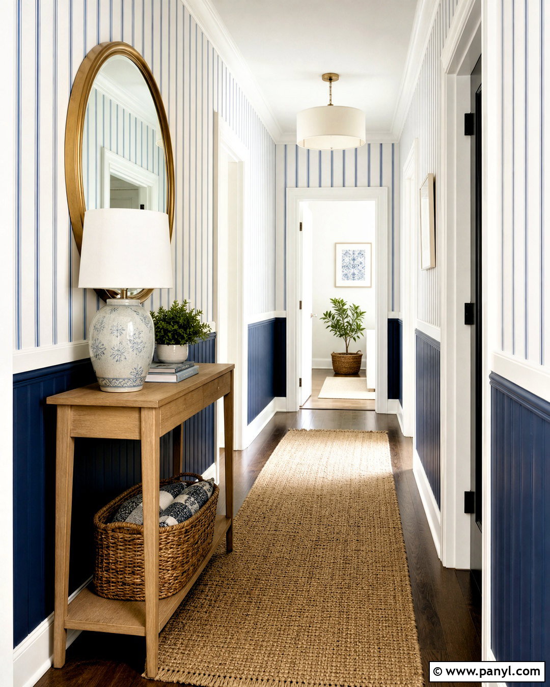 Navy Paneling With Striped Wallpaper - 20 half wallpaper half paneling ideas