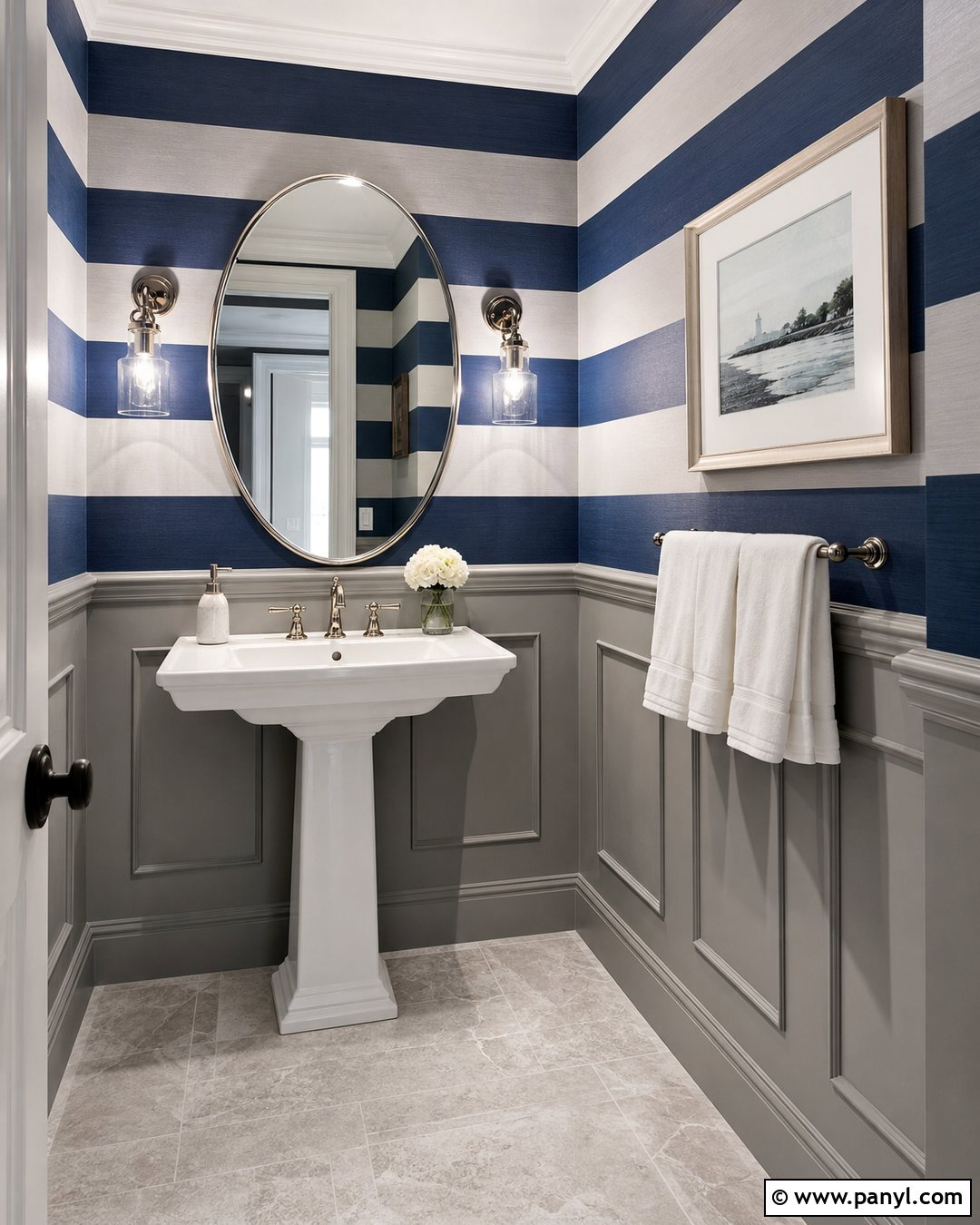 Navy Powder Room Wall Stripes - 30 Horizontal Stripes On Wall Ideas