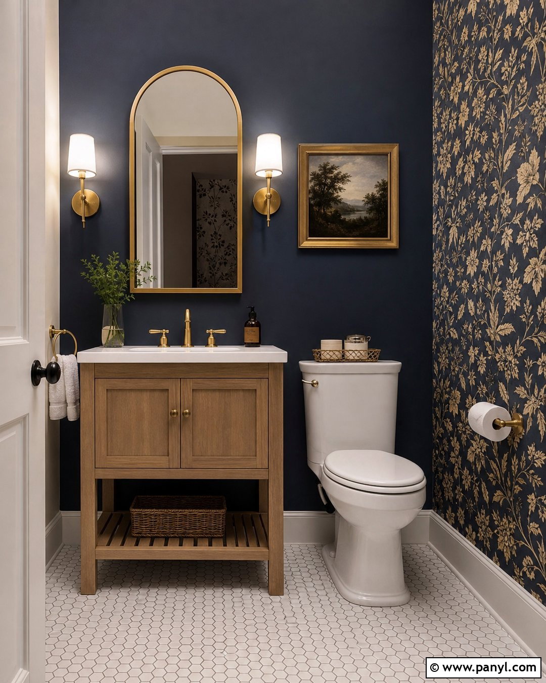 Navy Powder Room Wallpaper Wall - 35 Navy Accent Wall Ideas