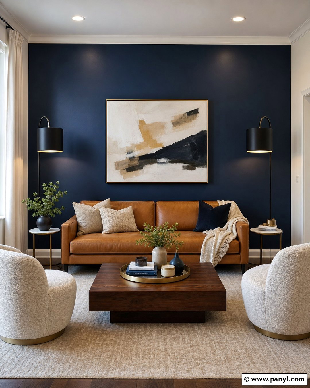 Navy Satin Blue Accent Wall With Camel Sofa - 20 Satin Blue Wall Paint Ideas