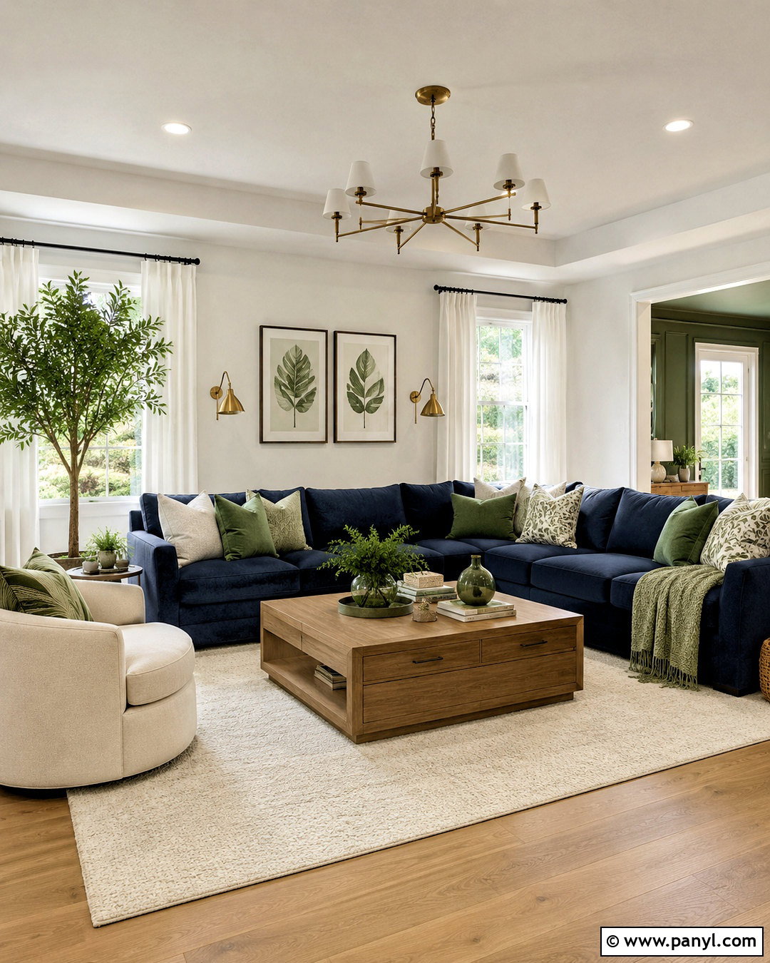 Navy Sectional With Green Accents - 20 navy blue and green living room ideas