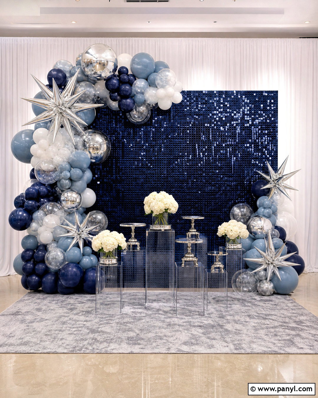 Navy Shimmer Wall With Silver Balloons - 20 shimmer wall with balloons