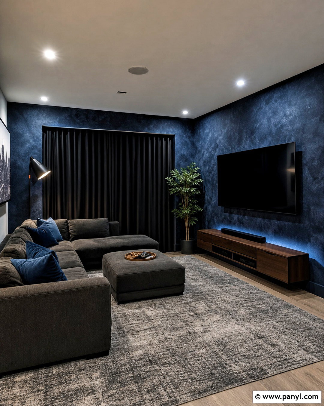 Navy Sponge Painted Media Room Wall - 20 sponge painting walls