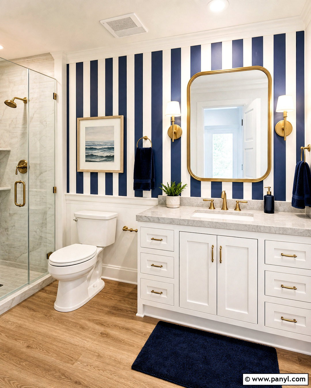 Navy Striped Bathroom Accent Wall - 20 striped bathroom walls