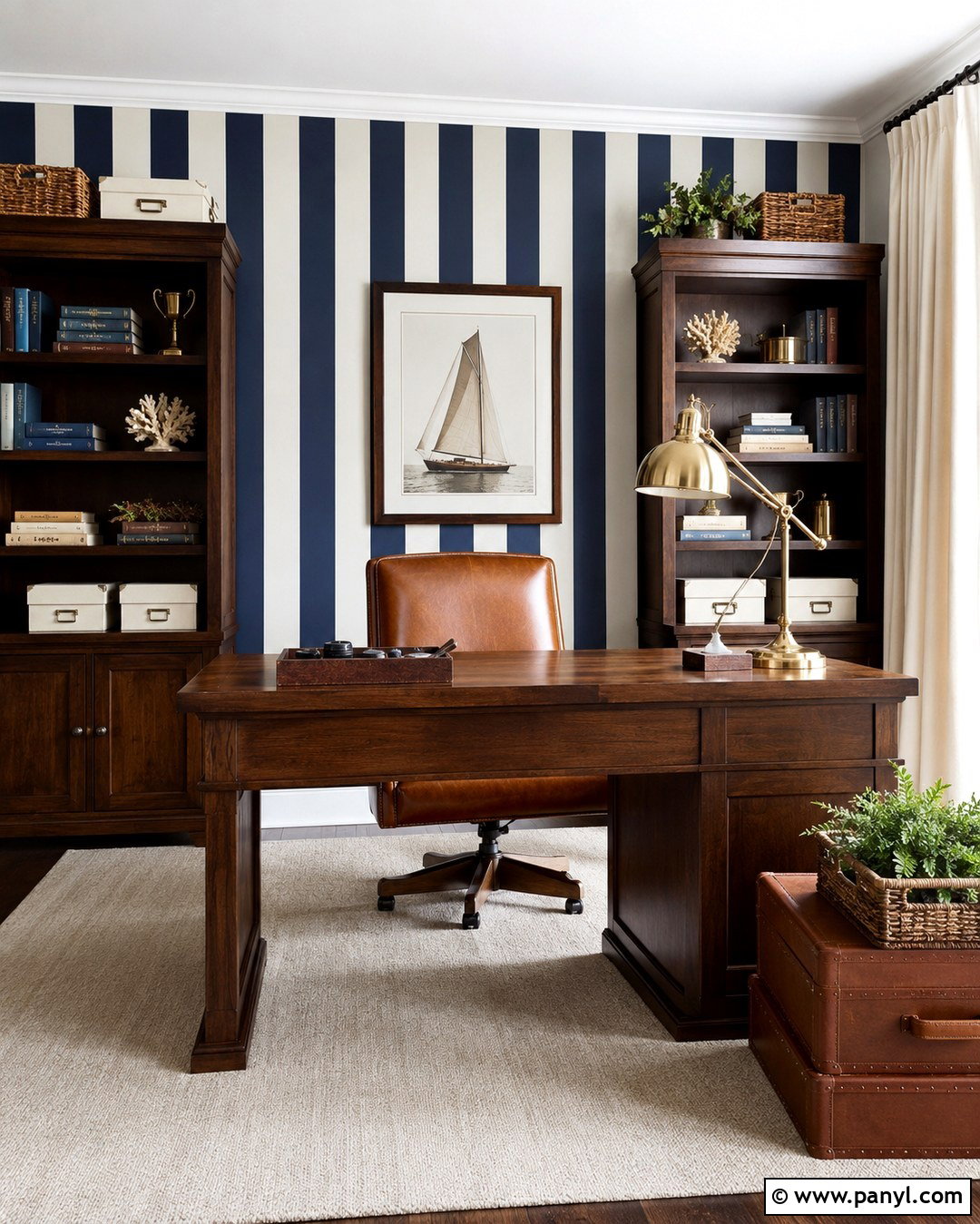Navy Striped Home Office Wall - 20 Stripe On Wall Ideas