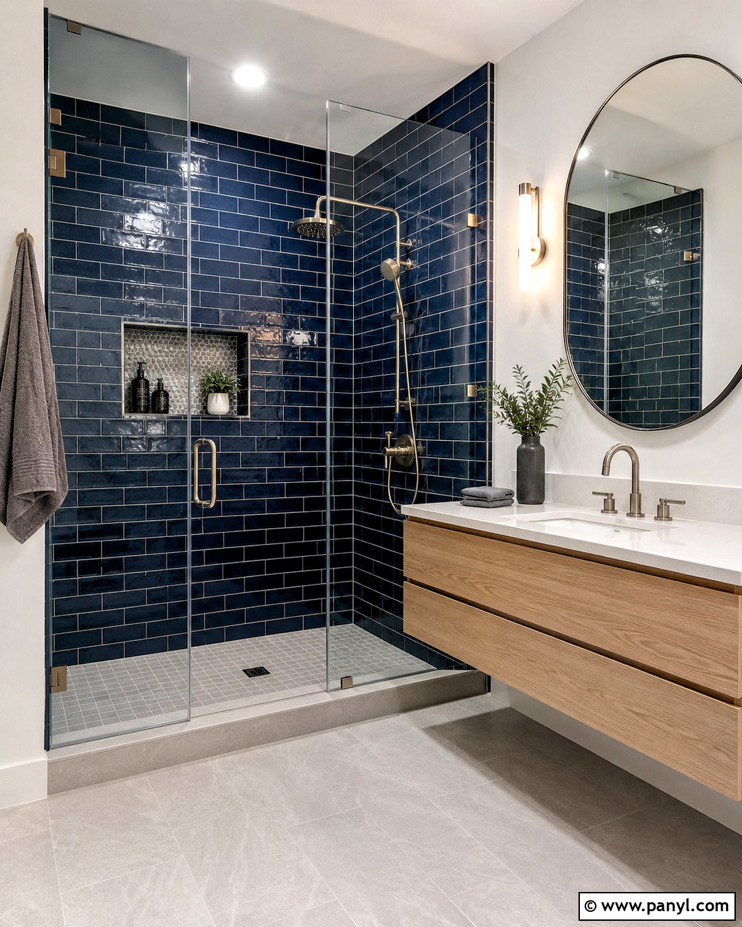 Navy Subway Tile Shower - 20 navy bathroom ideas