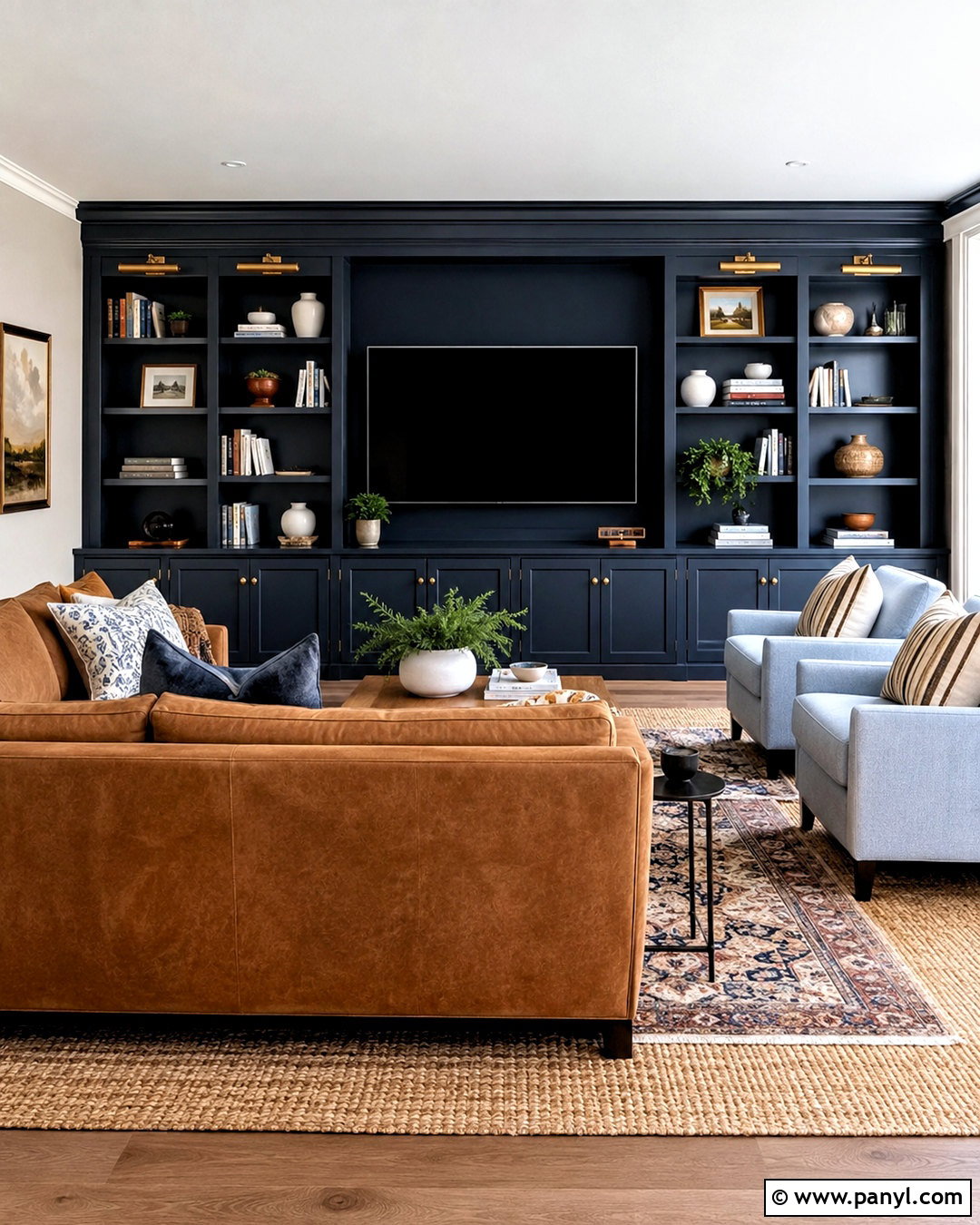 Navy TV Wall With Built-In Cabinets - 20 dark tv wall living room ideas