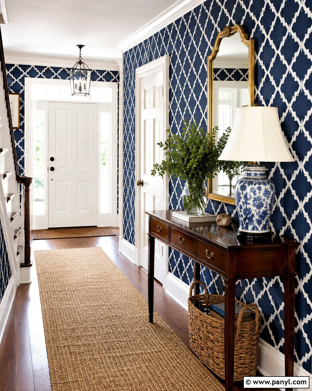 Navy Trellis Wallpaper Entryway - 20 preppy wallpaper ideas