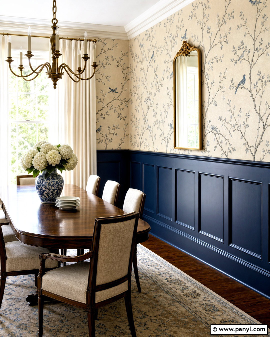 Navy Wainscoting With Bird Wallpaper - 20 wainscoting with wallpaper ideas