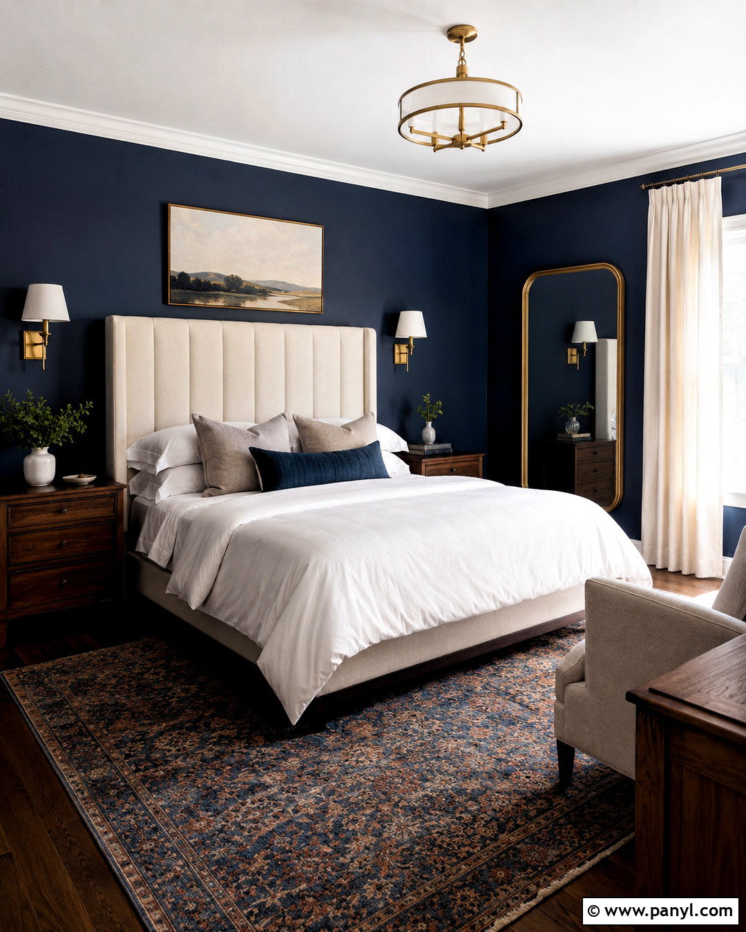 Navy Wall Bedroom With Brass Accents - 20 dark wall bedroom ideas