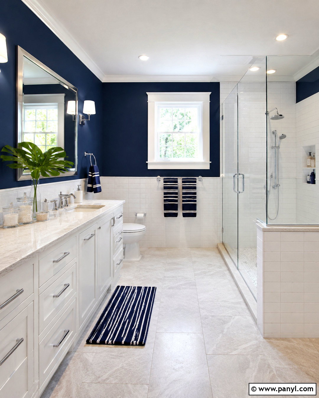 Navy Walls With White Tile - 20 navy bathroom ideas